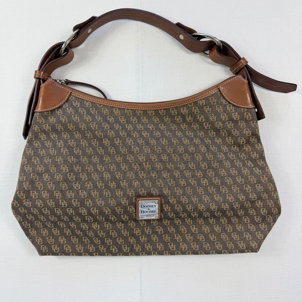 Dooney & Bourke Signature DB Monogram Hobo Bag Brown Canvas Leather Trim Purse